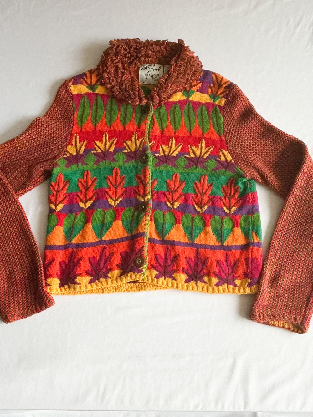 Vintage Michael Simon Colorful Folk Art Autumn Cardigan Sweater 90s Women’s Lg